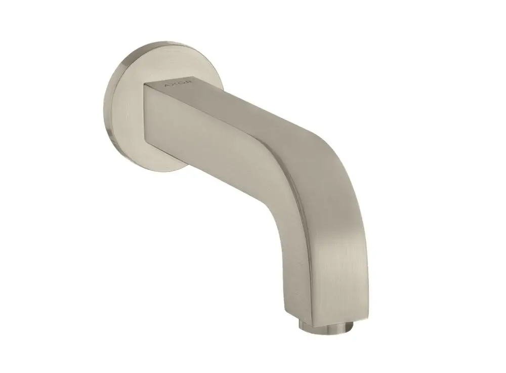 Wannenarmatur mit geradem Auslauf von AXOR in gebürstetem Nickel, stilvolles Design mit einer runden Wandmontage und fließendem Wasserstrahl.